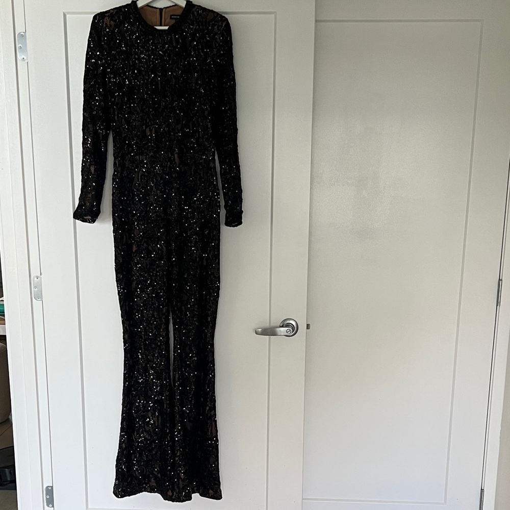 NADINE MERABI Black Sequin Long Sleeve Jumpsuit